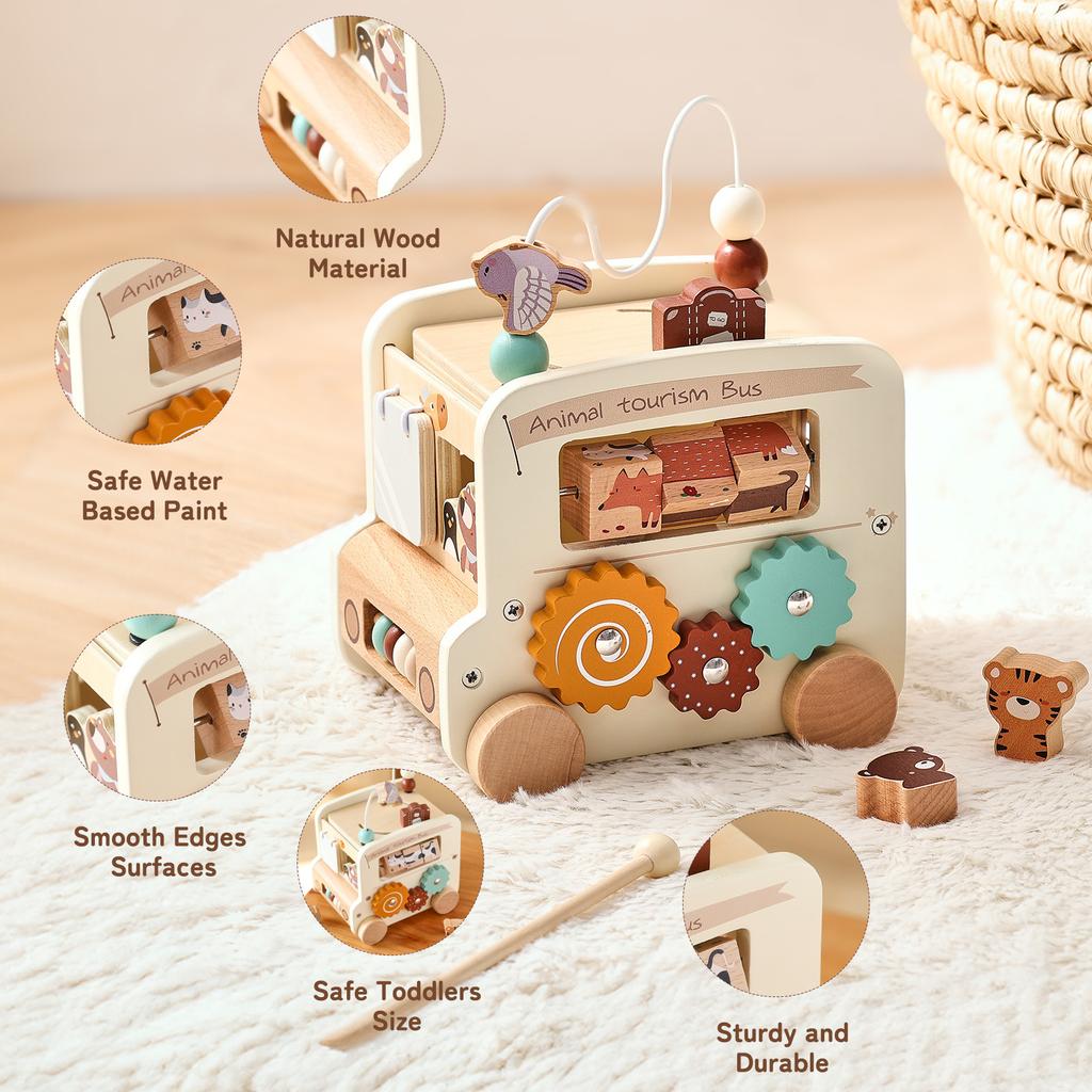 Children Wooden Early Education Multifunctional Hexahedron Busy Box Push Cart, Montessori Bus Car Educational Toy