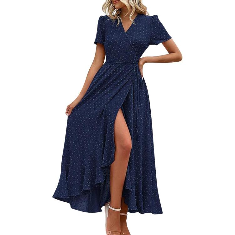 

Sexy V Neck Wrap Waist Maxi Dress Women Summer Fashion A-Line Side Slit Long Casual Dress Comfortable Solid Color Short Sleeve XXL