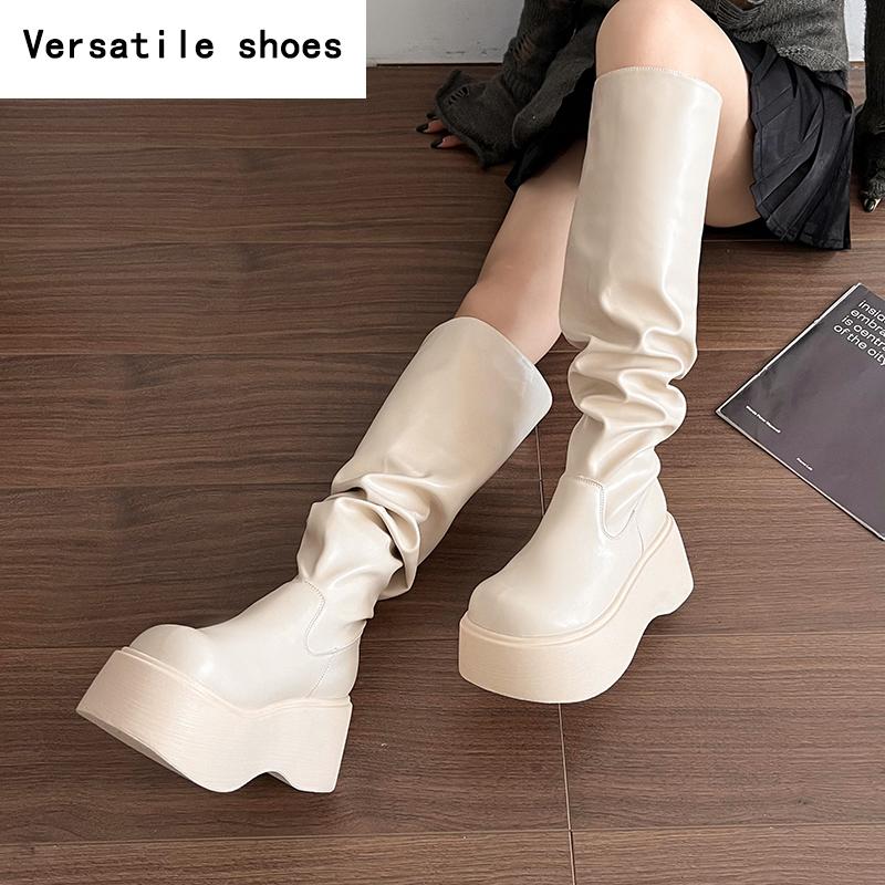 Winter Punk Style Women Knee High Boots Fashion Slip On Knight Long Booties Ladies Casaul Platform Heels Botas Mujer