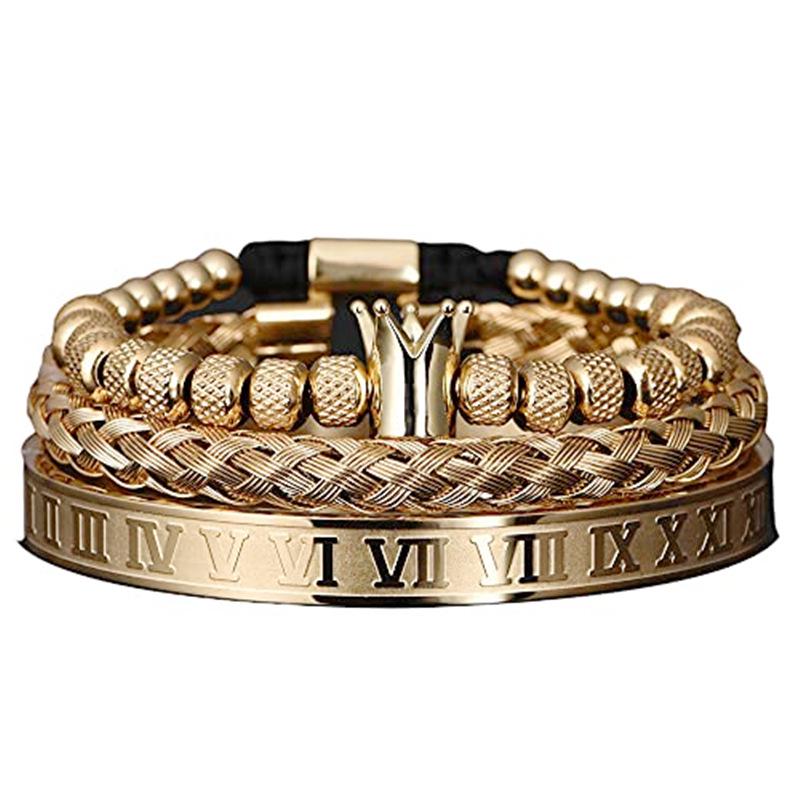 Smooth Crown & Pineapple Bead Roman Numeral Twist Bracelet Set
