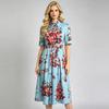 New Summer Beach Gorgeous Floral Midi Dress Shirt Women Single Breasted Belt Lace Up Short Sleeve Long Party Dresses Office Lady