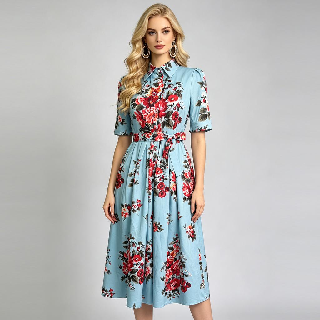 New Summer Beach Gorgeous Floral Midi Dress Shirt Women Single Breasted Belt Lace Up Short Sleeve Long Party Dresses Office Lady