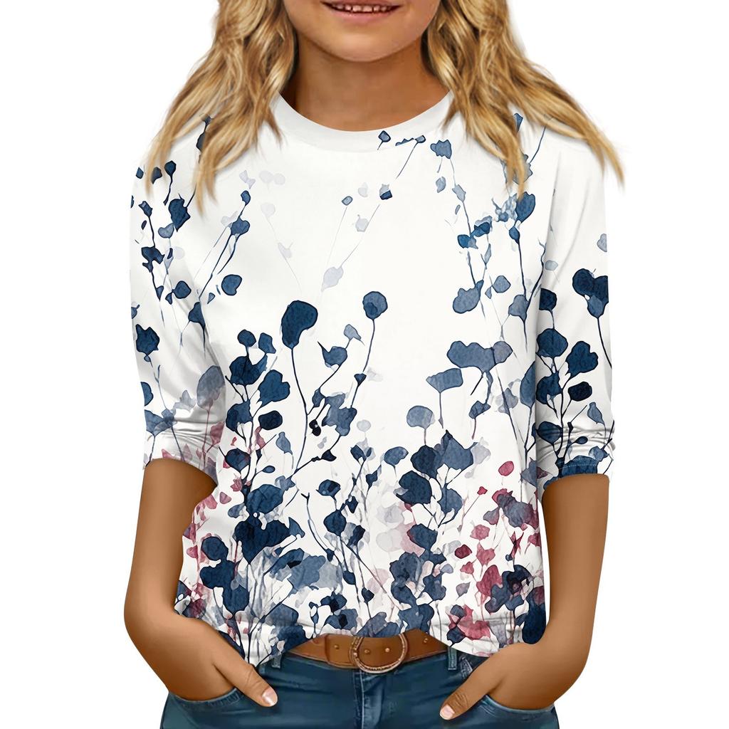 Children's 3/4 Sleeve Tops Casual  Print T Shirt Round Neck Pullover Blouse