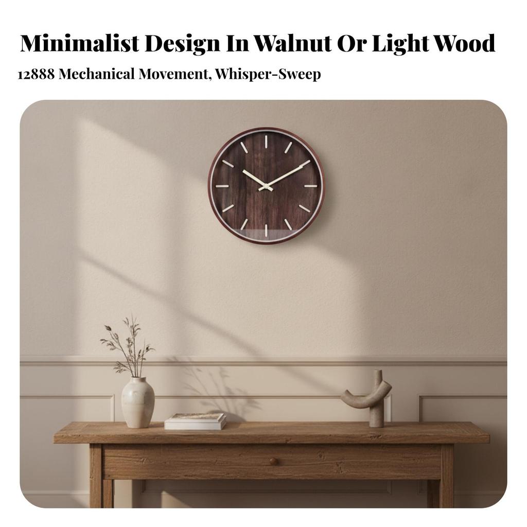 Round Wall Clock with Wood Frame Long-Lasting Quartz Glass Front