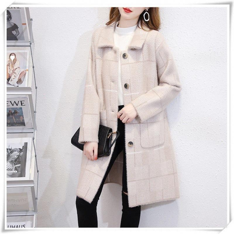 

Норковое флисовое пальто, женское новогоднее пальто средней длины с квадратным вырезом, клетчатый свитер, кардиган, маленькое пальто, женское осенне-зимнее пальто