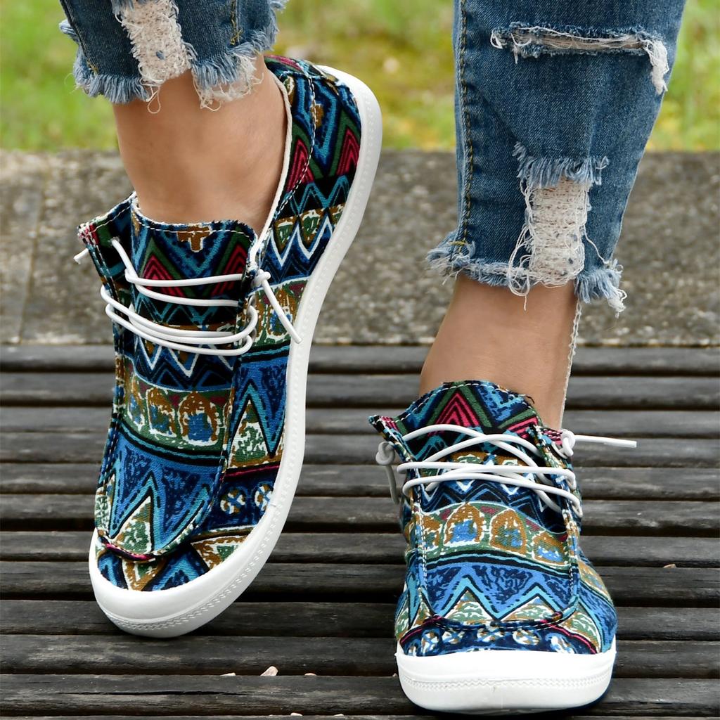 Women's Ethnic Geometric Pattern Lace-Up Slip-On Loafers - Breathable Fabric Round Toe Casual Boat Shoes with TPR Sole