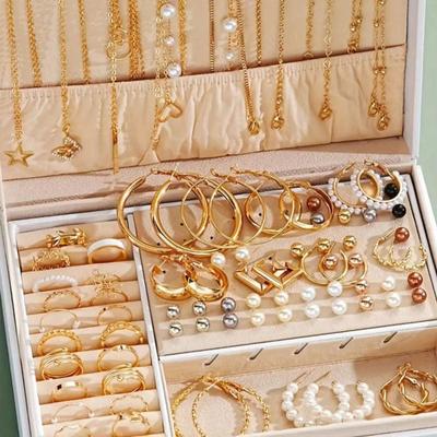 86pcs/Set Elegant Earrings Multi-Layered Necklace Ear Studs Rings 4-In-1 Faux Jewelry Set For Women Gift (No Box)