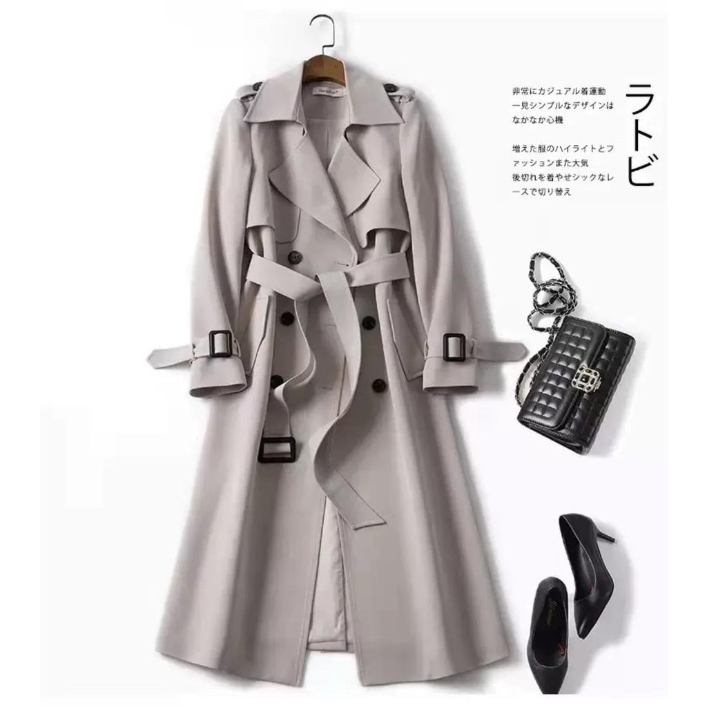Damen Zweireihiger Gürtel Langer Trenchcoat Reverskragen Schmal Geschnitten Winddicht Übermantel Oberbekleidung