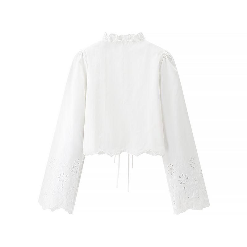 Jnleaog Autumn New Women's Clothing Fashion Style Ruffled V Neck Bows Shoelace Cardigan Long Sleeves Short Shirt