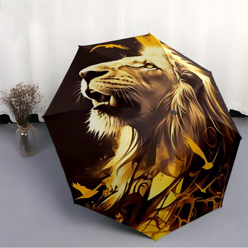 1pc Lion Majesty Automatic Folding Umbrella Portable Collapsible Umbrella for All Seasons, 8-Rib Durable Construction, Perfect Gift 037
