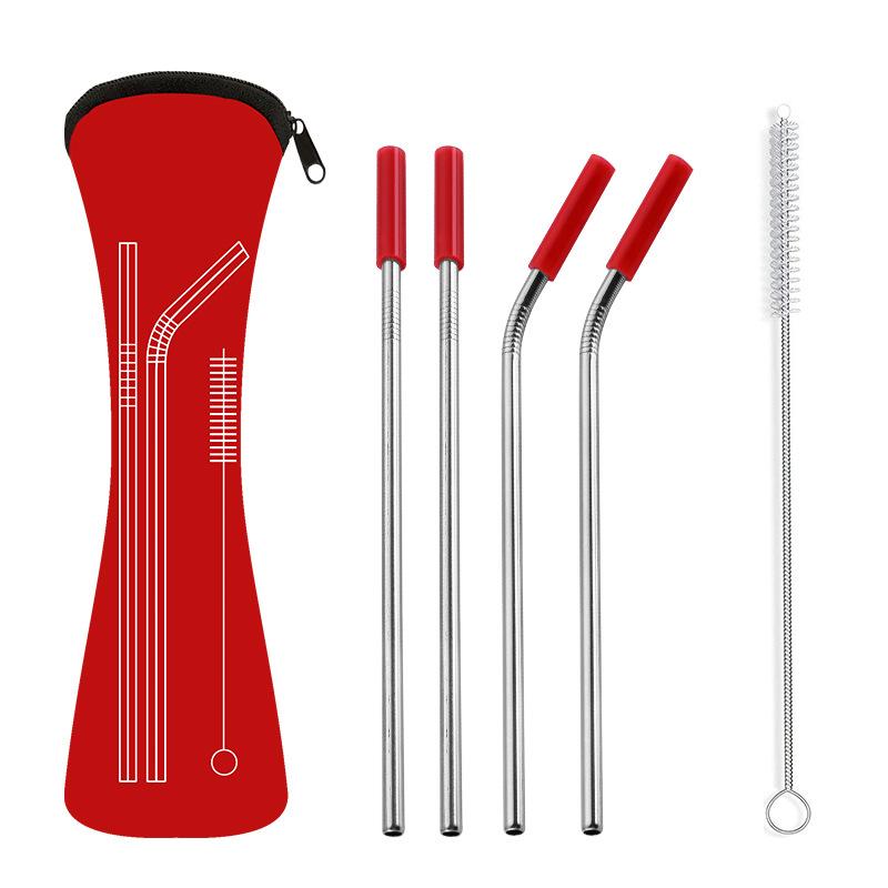 

4 PCS/Lot Colorful Reusable Drinking Straw 304 Stainless Steel Metal Sturdy Bent Straight Drinks Straw with Cleaner Brush красный