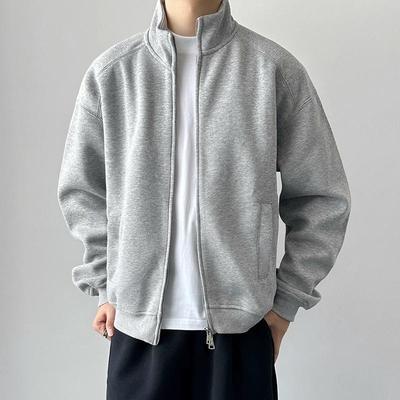 2025 Autumn Men's Gray Heavyweight Solid Color Stand Collar Hoodie Jacket