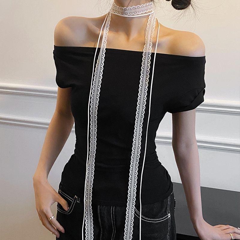 Atmosphere Lace Ribbon Scarf Choker, Long Streamer Stackable Clavicle Neck Tie Accessory