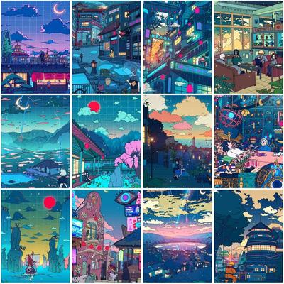 Pittura diamante 5D fai da te Anime giapponese Scena notturna Ricamo Mosaico Immagine Pieno di diamanti Decorazione della stanza Adesivo da parete