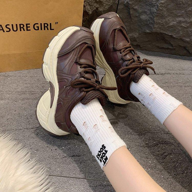 Retro Brown Thick-soled Heightening Dad Shoes for Women 2025 Popular New Autumn Versatile Sports and Leisure Shoes for Women
