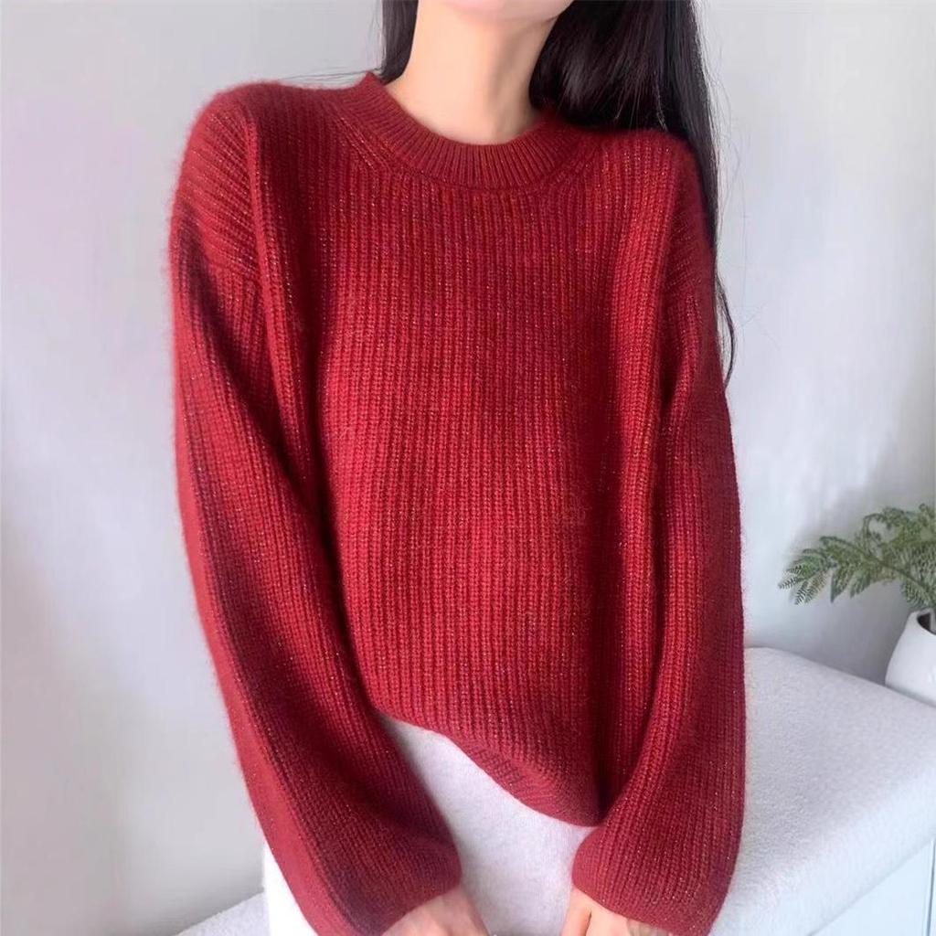Women's European-Style Red Wool Pullover Sweater, Round Neck, Thickened & Loose, Versatile Base for Autumn/Winter '24.
