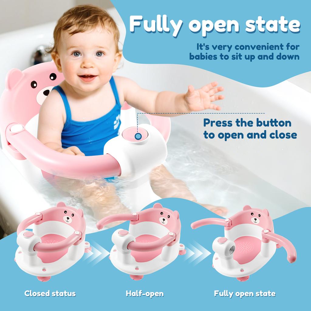 Baby Bath Seat Newborn Shower Bathtub Stand with Foldable Armrest Non-Slip Cute Cartoon Toddler Bath Chair Support