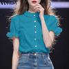 VONDA Elegant Women Blouse Casual Puff Sleeve V Neck Crochet Hem Ruffled Tops