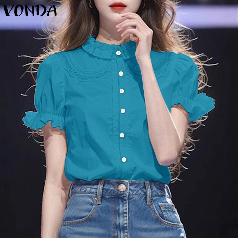 

VONDA Элегантная женская блузка, повседневная, с пышными рукавами, V-образным вырезом, вязаным крючком подолом и оборками 5XL синий