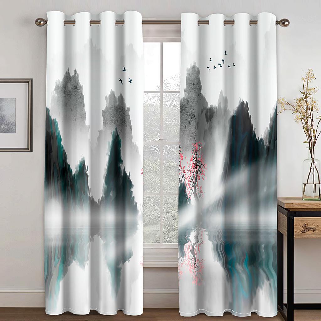3D Ink Mountain View Curtains Art Style Bedroom Balcony Window Decorative Curtains 2 Panels