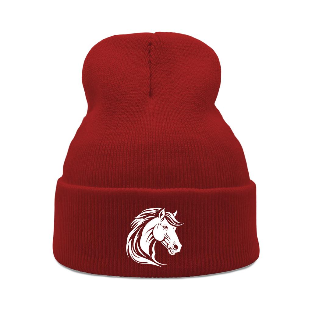 White Horse Print Winter Hats Unisex Warm Knitted Cap Beanie Hat For Woman Cuff Trendy Knit Hat Beanie Perfect For Urban Style