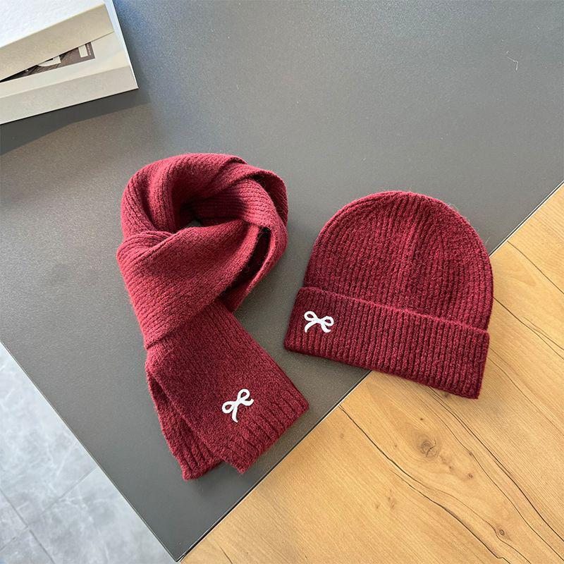 Autumn Winter Cute Bow Embroidered Knitted Cap And Scarf 2-Piece Set For Children