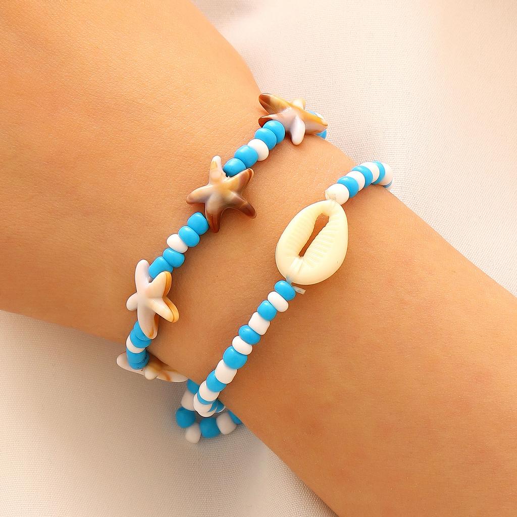 3pcs Set Creative Retro Starfish Conch Imitation Pearl Shell Beaded Stackable Anklets for Women Bohemian Vacation Jewelry Gifts