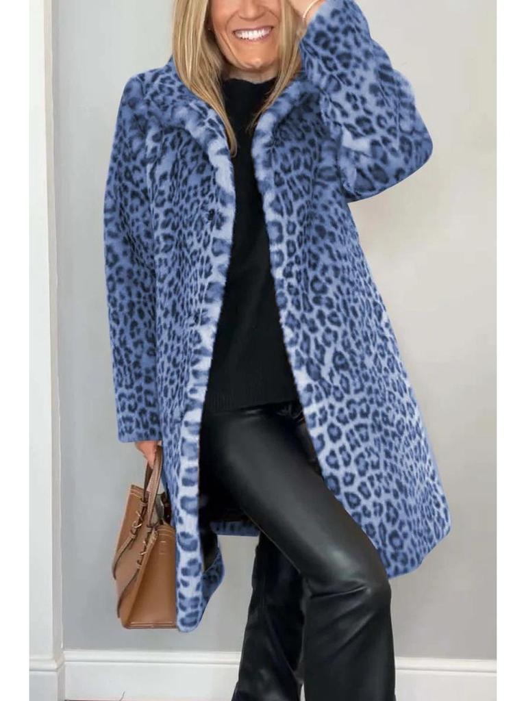 2024 Winter Women's Fashion Leopard Print Faux Fur Coat with Lapel 