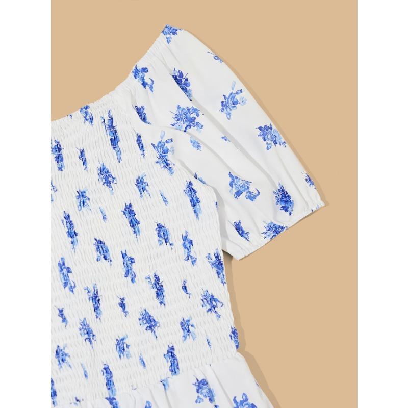 Square Collar High Waist Printed Summer Women's Dress, Comfortable and Elegant Women's Long Skirt