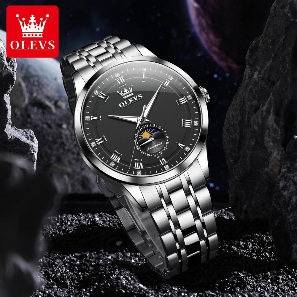 OLEVS 7063 Moon Phase Automatic Mechanical Men's Watches Stainless Steel 30M Waterproof Luminous Watch Original Luxury Man Watch