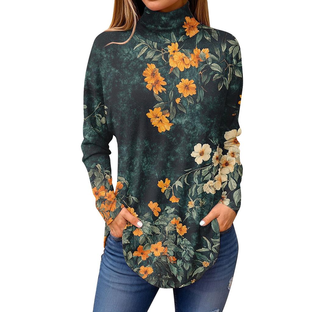 Tee Shirts For Women Fall Casual Long Sleeve Shirts Sweatshirt Vintage Printed High Neck Top Pullover