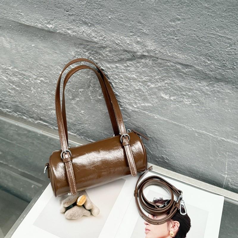 

Women s Bag Authentic Leather Korean Hand Cylinder Niche Trend Top-layer Cowhide Cracked Shoulder Simple Underarm 23x10x11cm хаки