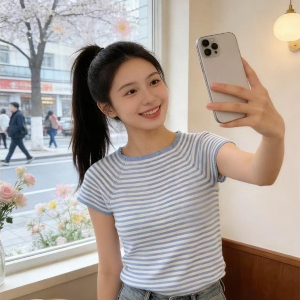 Summer Slimming and Stylish Unique Single-shoulder Versatile Top with Stripe and Round-neck Short-sleeve Knitted Shirt for Women