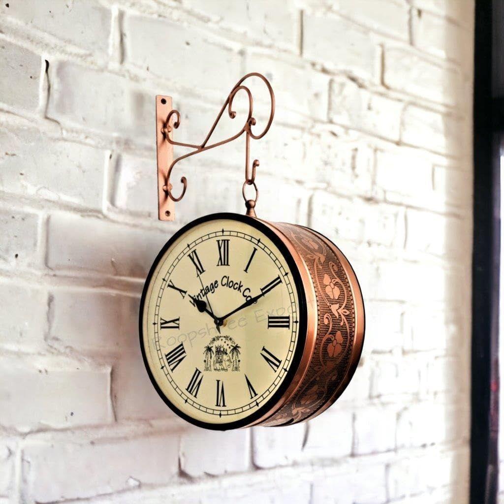 (10 INCH - One Side English Other Roman Numbers) Vintage Clock Iron Handcrafted Double Side Analog Clock , Rose Gold Finish, Floral Design