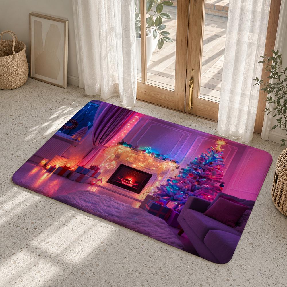 Christmas Fireplace Interior Scene Floor Mat Flannel Rug Soft Non Slip Washable Door Mat For Bathroom Bedroom Kitchen Home Decor