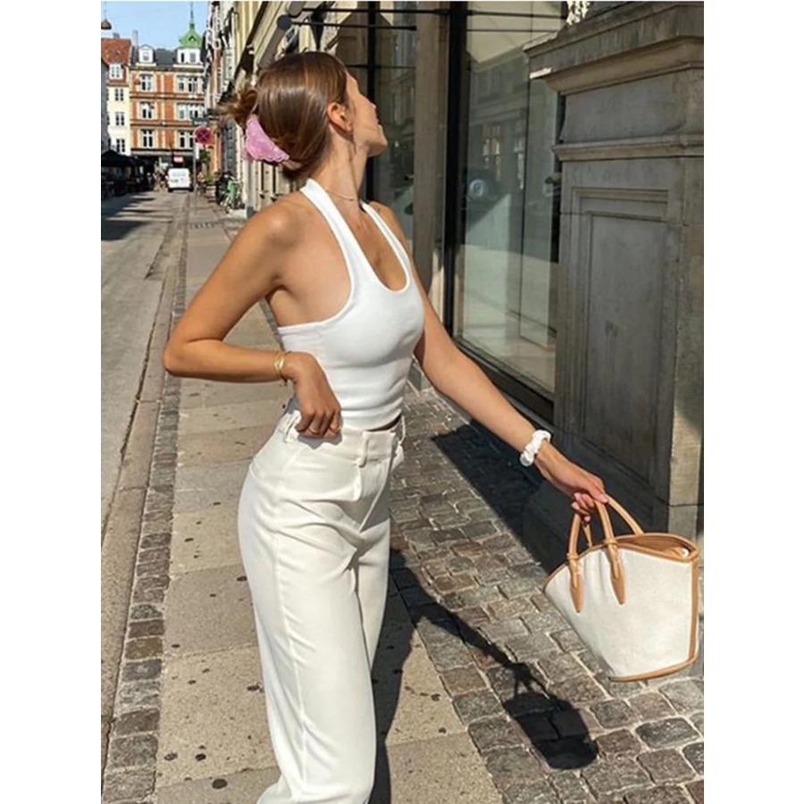 Canottiere Sexy Scollo all'americana Schiena Scoperta Bianche per Donna Streetwear 2024 Senza Maniche a Coste Maglia Top Corto Femminile