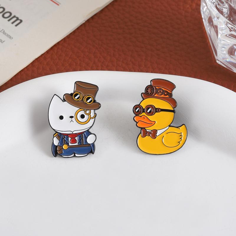 Cartoon Detective Yellow Duck Enamel Pins Funny White Cat Solving Mystery Animal Brooches Lapel Badge Jewelry Gifts for Friends