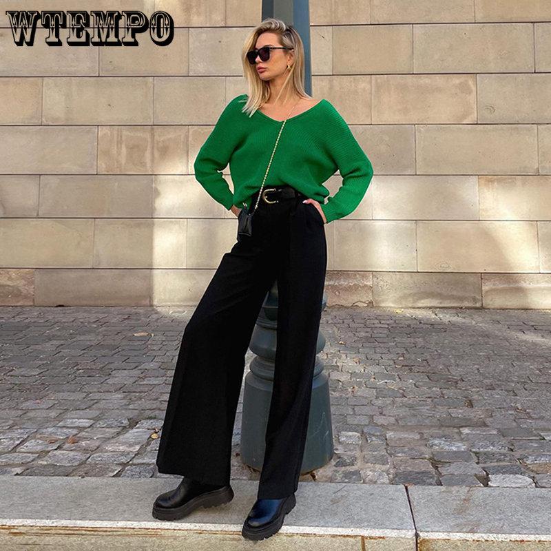 WTEMPO Blue Office Lady's Pants Loose Full Length Ladies Trousers Solid Casual High Waist Wide Leg Pants for Women