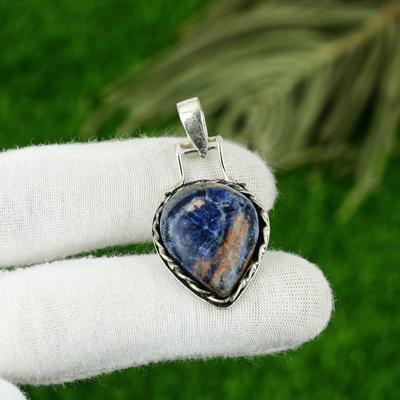 Natural Sodalite Gemstone Indian Jewelry 925 Sterling Silver Pendant For Women