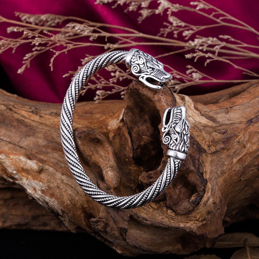 Dreamtimes Herren Nordischer Wikinger Drachen Armreif Vintage Loong Kopf Tier Geschnitzt Offener Manschettenarmreif Skandinavische Kostüm Accessoires