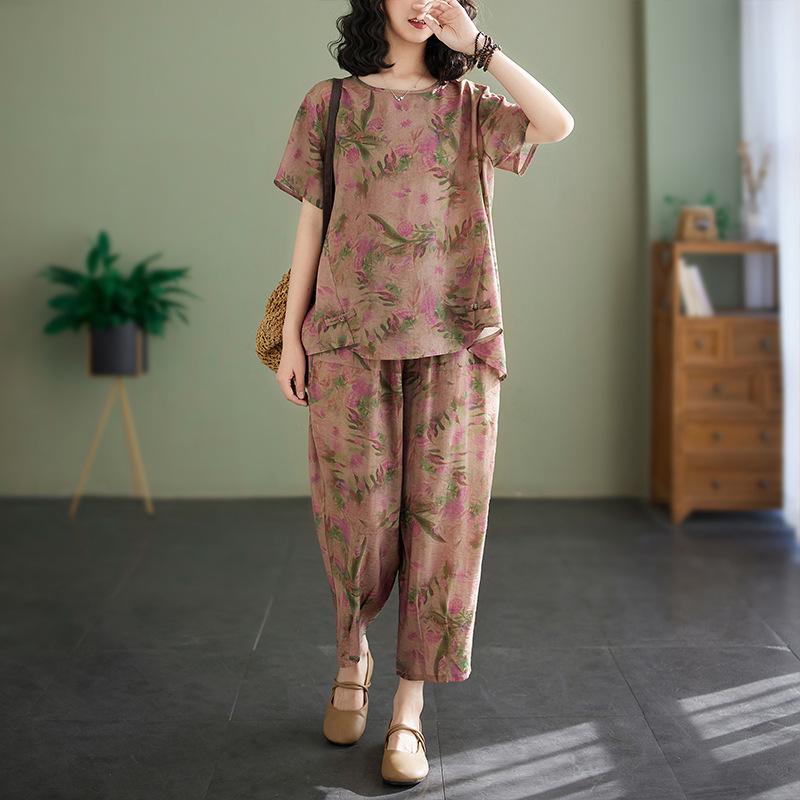 2025 Summer Cotton Linen Floral T-shirt & Harem Pants Set for Women