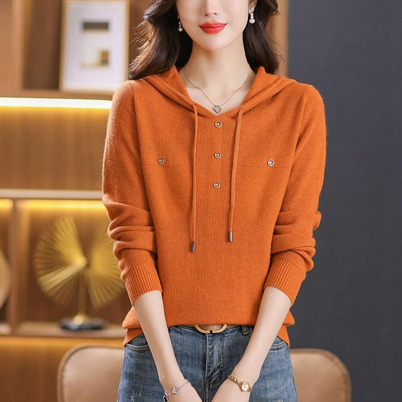 Womens Lightweight Hooded Knit Sweater Loose Fit Casual Pullover Top Early