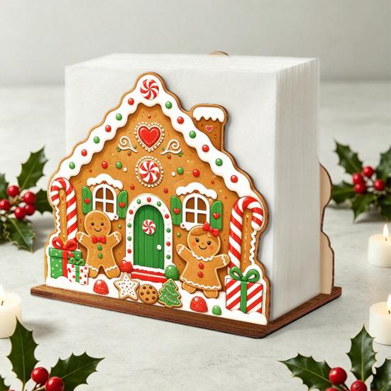 Gingerbread House Napkin Rack Christmas Wooden Tissue Holder, Dispenser with Santa Elk Decorative Stand Pattern, Organizer for Dining Table