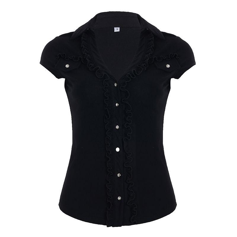 

H Home European and American Women s Clothing Guzao Parka Ruffles Breasted Black Tops Deep V-neck Waist-Controlled Slimming Sexy T-shirt Summer Black L