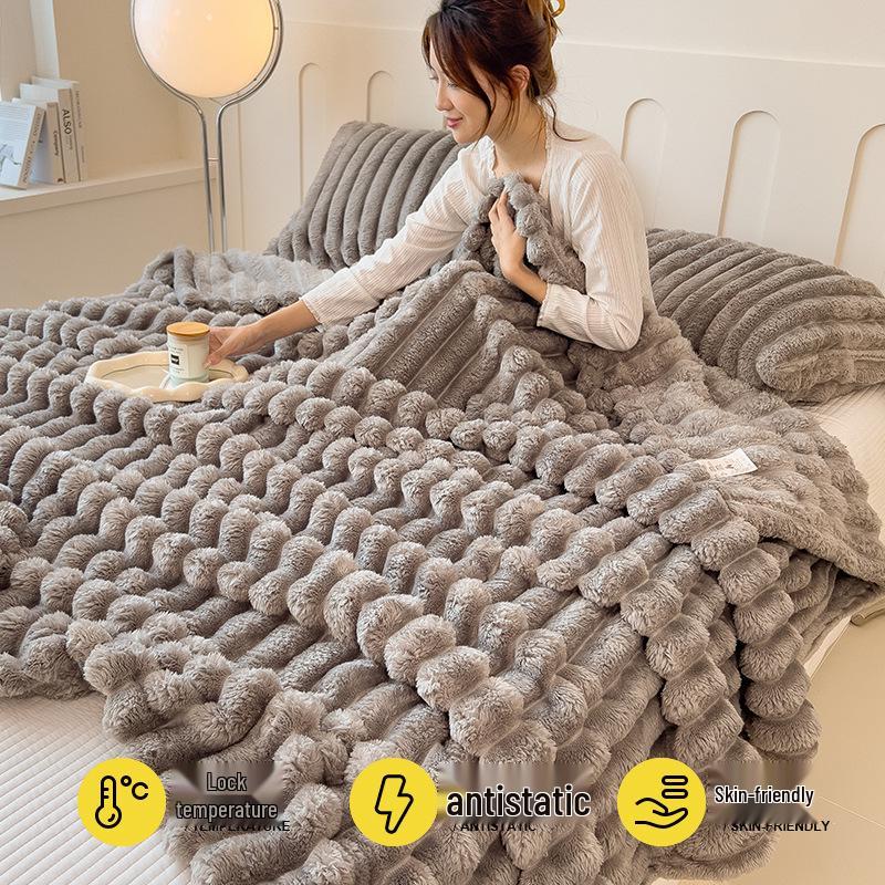 Rabbit Fur Plush Coral Fleece Flannel Nap Blanket - Gift for Office or AC Use