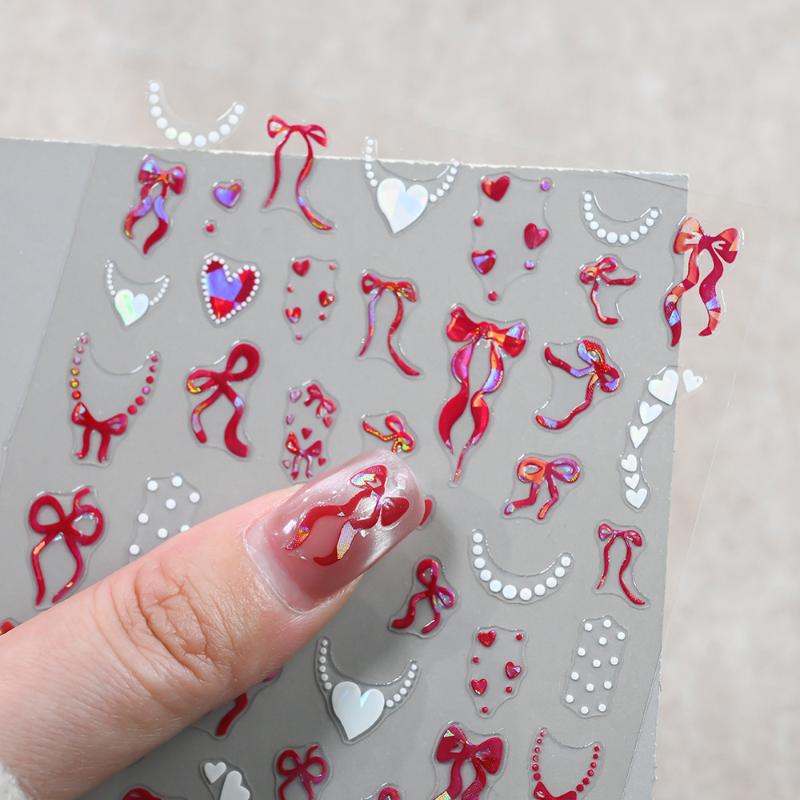 Aurora Francuska Wstążka Serce Naklejki na Paznokcie Perłowy Łańcuszek Miłość Klejące Naklejki na Paznokcie Walentynkowe Kokardki Naklejka do Manicure