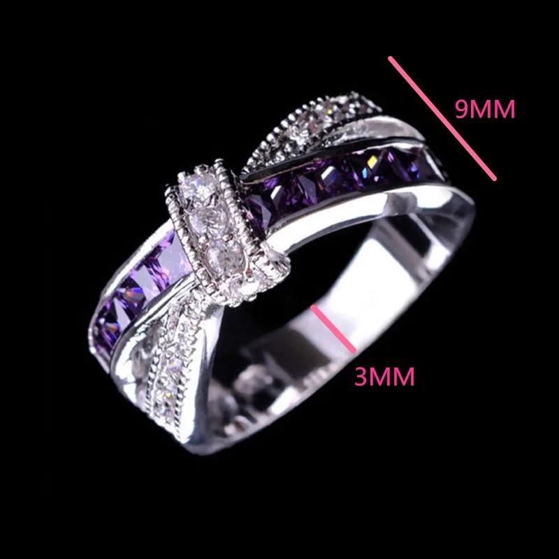 Lila Zirkonia Ringe Niedliche Damen Regenbogen Zinklegierung Plattiert Amethyst Zirkon Verlobung Statement Zirkon Größe 6-10