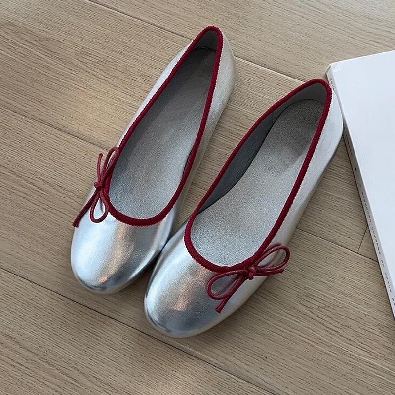 Sheepskin ballet shoes women's spring new bow silver soft sole flat grandma shoes retro commuter round