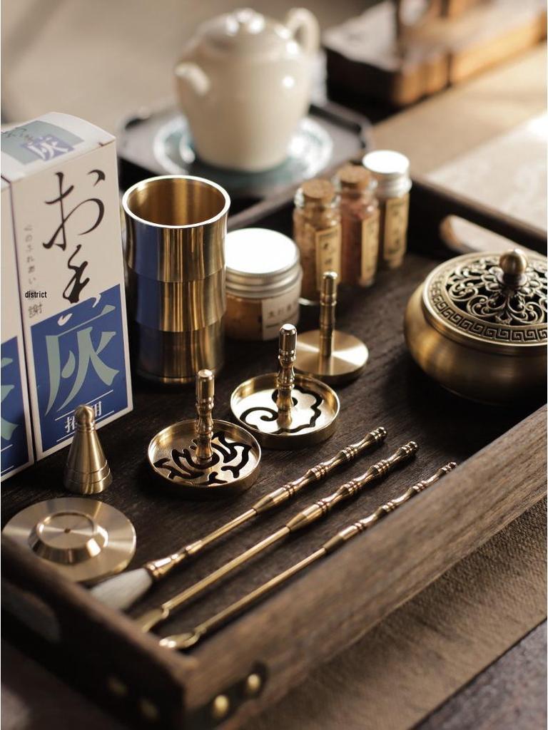 Kodo Set: Brass Ash Press Incense Burner & Pure Incense Powder with Dazuan Seal Mold for Home Use