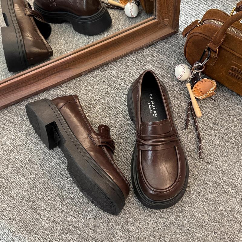 

2026 New Spring College Style Women Chunky Loafers Shoes Fashion Shallow Slip On Shoes Elegant Soft Sole Dress Leather Shoes 35 коричневий